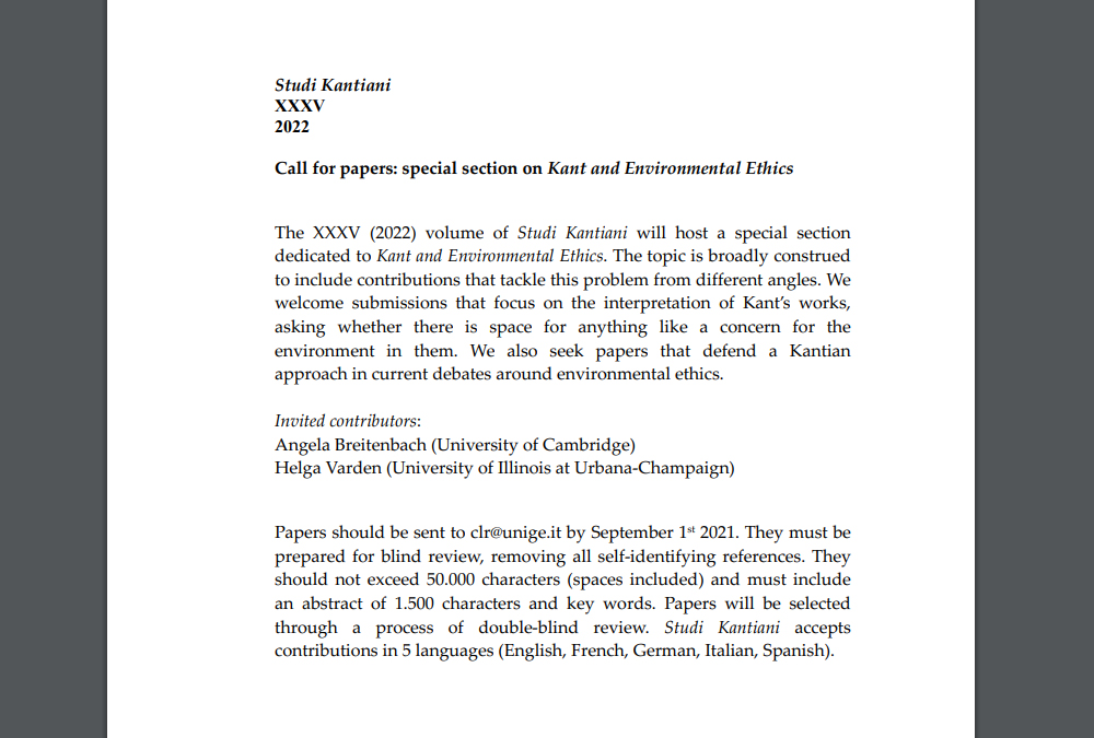CFP: Special Section on Kant and Environmental Ethics, Studi kantiani, XXXV, 2022